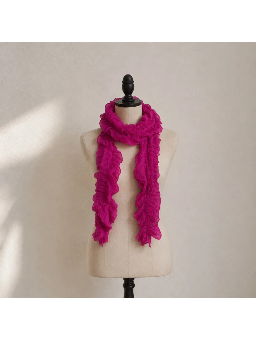 Fuchsia Pink Ruffle Scarf Long Textured Pleated Lightweight Statement Scarf